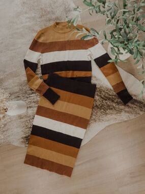 Express Striped Long Sleeve Knit Dress in Mustard, Brown, Black & Cream